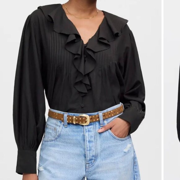 NWT Madewell Black Ruffle Pintuck Long Sleeve - Size: Medium - Picture 1 of 10